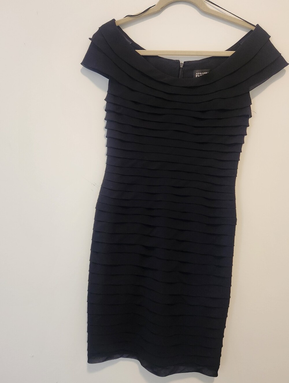 Adrianna Papell Black Off The-Shoulder Layered Sheath Dress